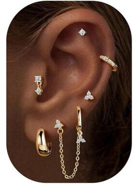 Women's Gold Earring Dangle Chain Dainty Huggie Flat Back Cubic Zirconia